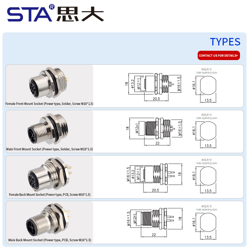 M12 S-Code IP67 Power Panel Mount 630V/12A Socket Connector