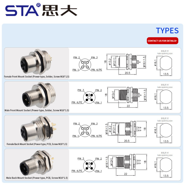 IP67 M12 T-Code Power Solder PCB Socket Connector