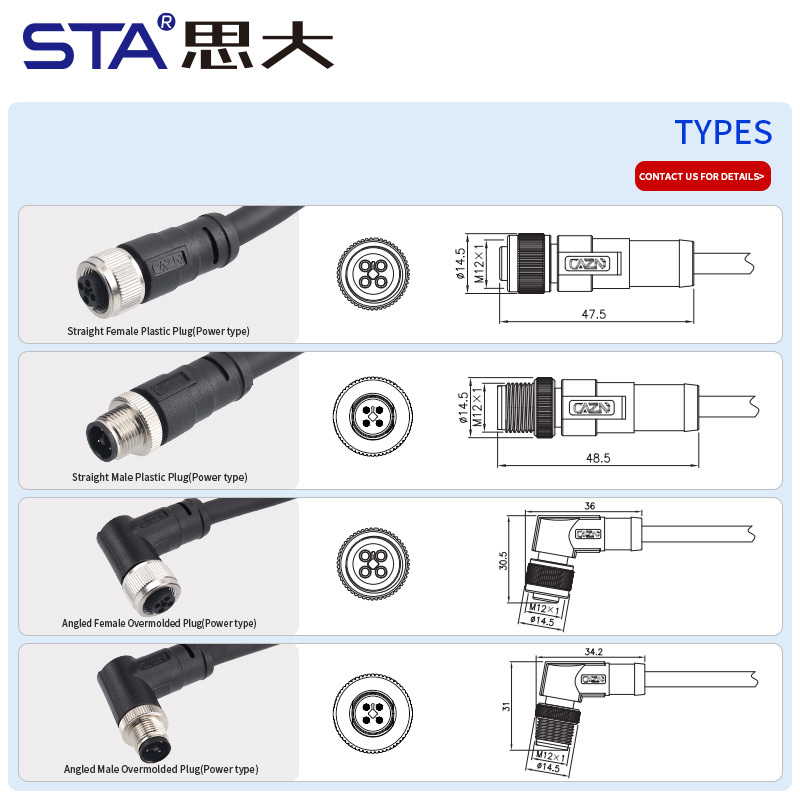 M12 IP67 T-Code Unshielded Overmolded Plug Connector