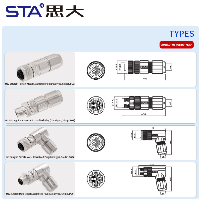 M12 Y-Code Metal Assembled Data IP67 Crimp PG9 Plug Connector