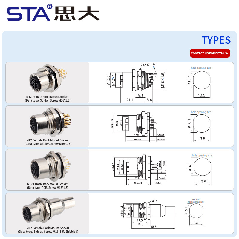 M12 Y-Code IP67 Front/Back Mount Data Socket Connector