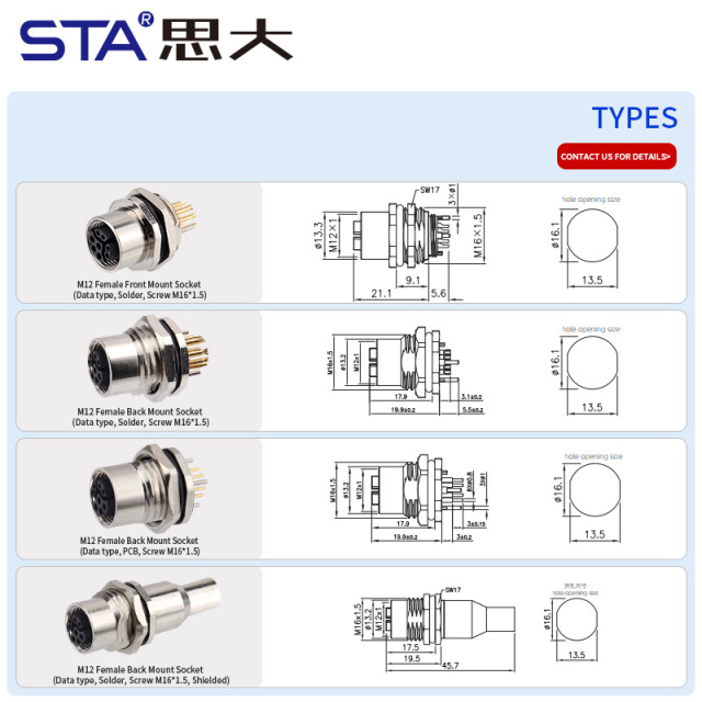 M12 Y-Code IP67 Front/Back Mount Data Socket Connector