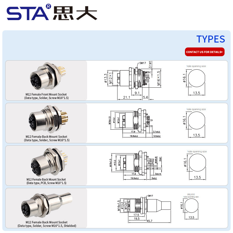 M12 X-Code 8 Pin IP67 Front/Back Mount Socket Connector