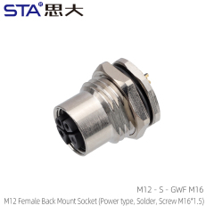 M12 Female Back Mount Socket (Power type Solder Screw M16*1.5)