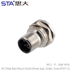 M12 Male Back Mount Socket (Power type Solder Screw M16*1.5)
