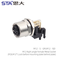M12 Right angle Female Metal Socket(PCB M12*1 Lock before mounting plate behind plate)