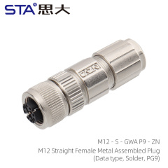 M12 Straight Female Metal Assembled Plug(Data type Solder PG9)