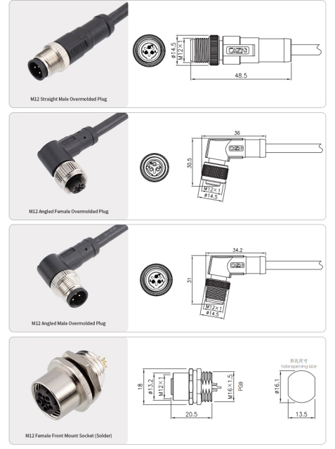 M12 C-coded Connectors | Plugs, Sockets, Overmolded, Assemblies