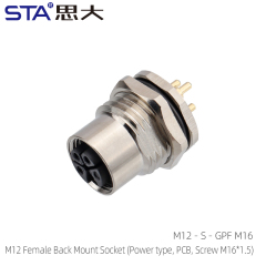 M12 Female Back Mount Socket (Power type PCB Screw M16*1.5)