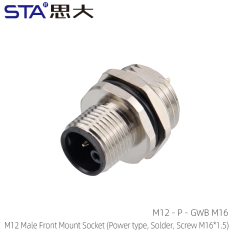 M12 Male Front Mount Socket (Power type Solder Screw M16*1.5)