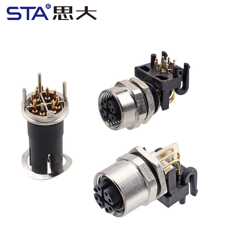 M12 X-Code IP67 PCB Female Panel Mount SMD Right Angle Connector