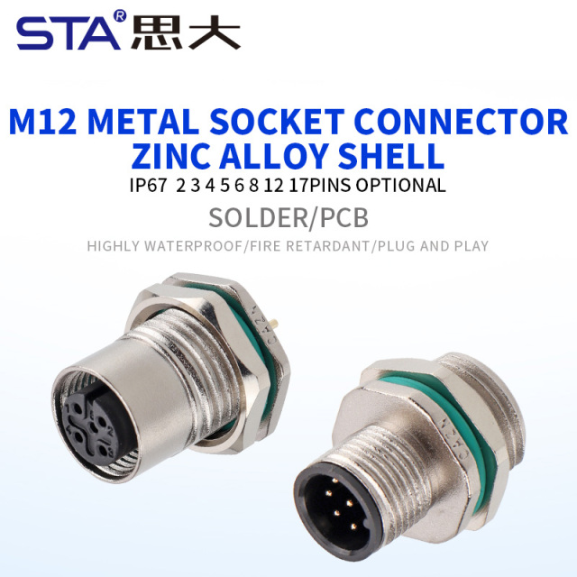 M12 Metal Zinc Alloy Shell IP67 solder/PCB Socket Connector