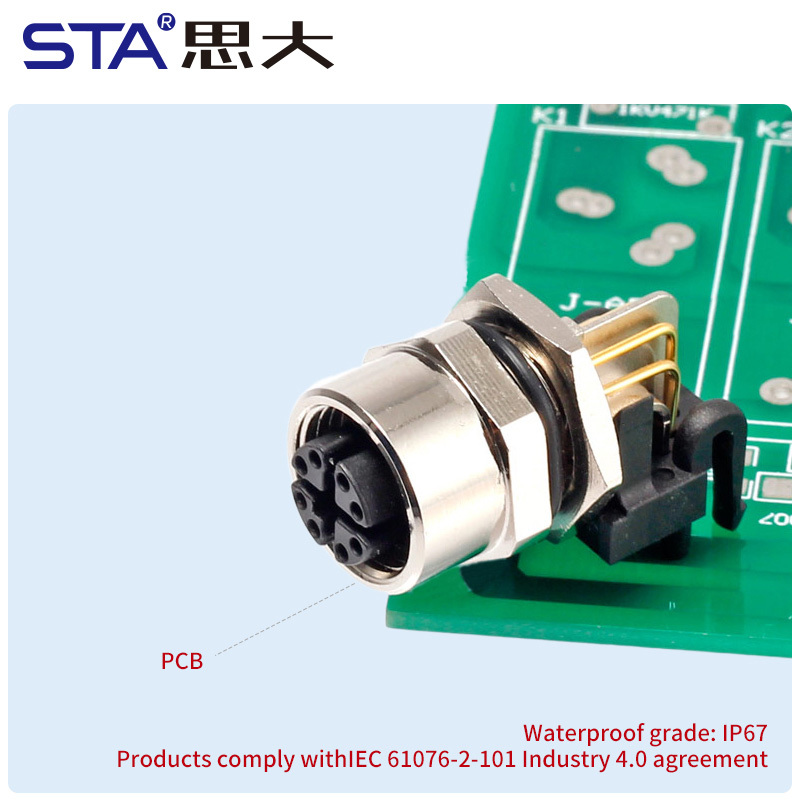 M12 X-Code IP67 PCB Female Panel Mount SMD Right Angle Connector