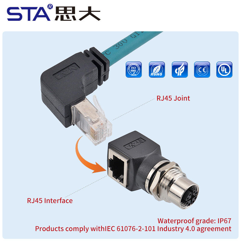 M12 X-Code DATA IP67 Female to RJ45 Adapter 90°/180°