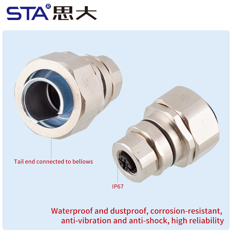 IP67 M12 Female Metal Stainless Steel Bellows 5 Pins Connector