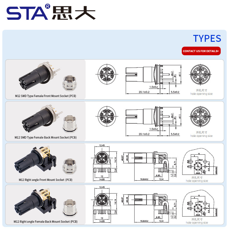 M12 X-Code IP67 PCB Female Panel Mount SMD Right Angle Connector