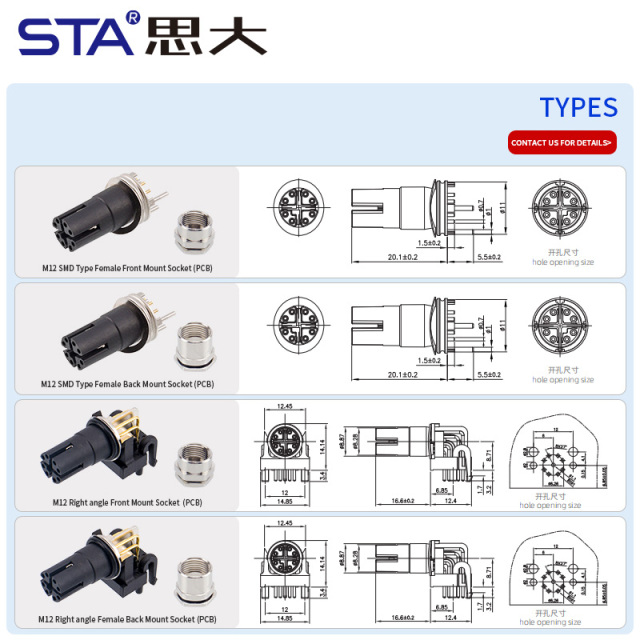 M12 X-Code IP67 PCB Female Panel Mount SMD Right Angle Connector