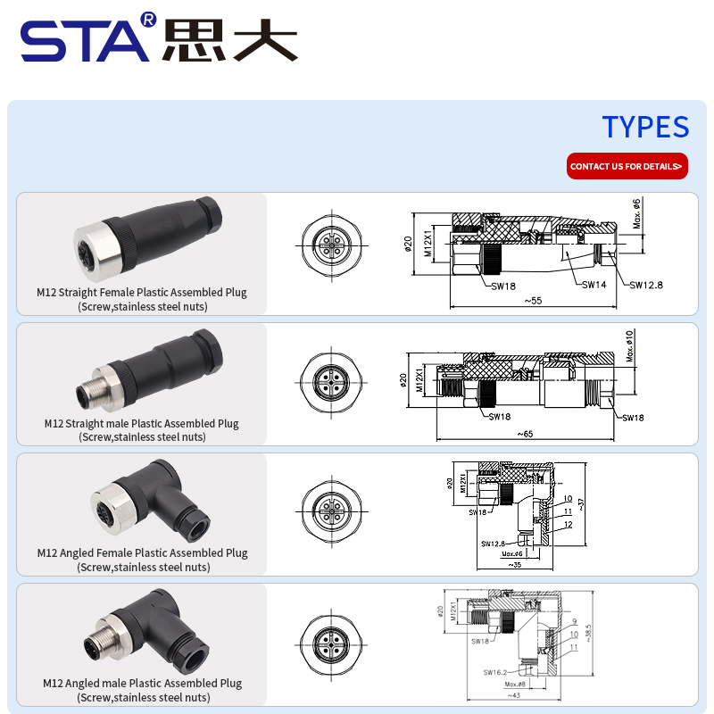 IP67 M12 Plastic Aviation Plug Assembled Stainless Steel Screws Connector