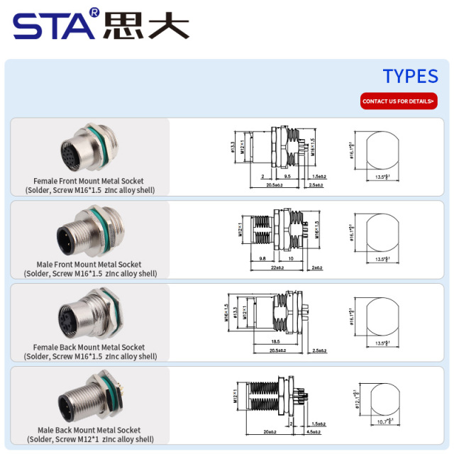 M12 Metal Zinc Alloy Shell IP67 solder/PCB Socket Connector
