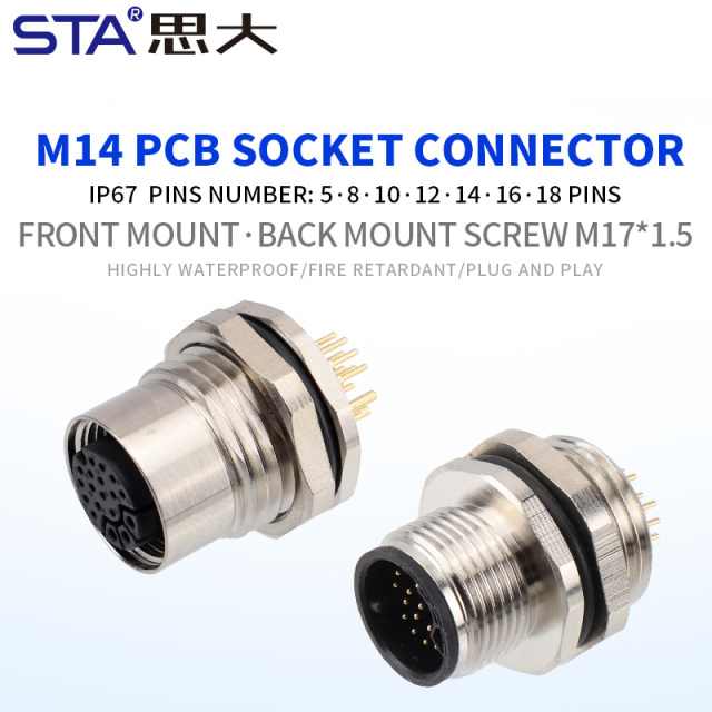 M14 PCB Front/Back Mount Socket IP67 Connector