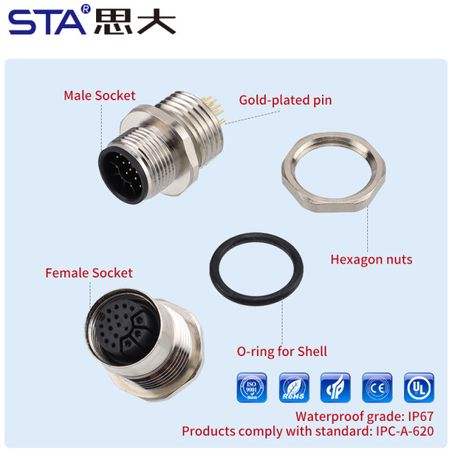 M14 PCB Front/Back Mount Socket IP67 Connector