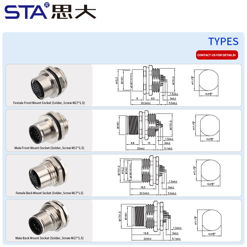 IP67 M14 はんだ付けフロント/バックマウントソケットコネクタ