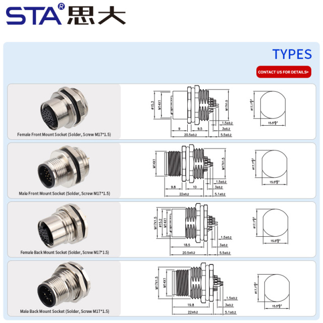 IP67 M14 はんだ付けフロント/バックマウントソケットコネクタ