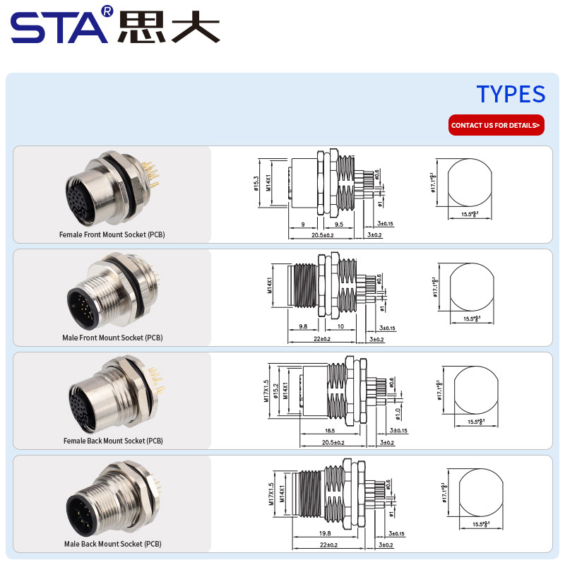 M14 PCB Front/Back Mount Socket IP67 Connector