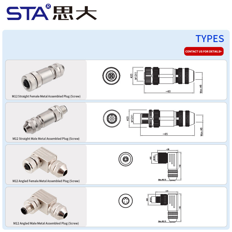 M12 Metal Assembled Screw Aviation Plug Waterproof Sensor Connector