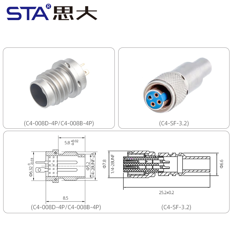 Tri-Axial Sensor Cable 4-Pin 1/4-28 UNF to BNC Connector Assembly
