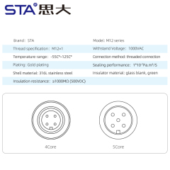 M12 Glass sintered sealed sensor connector 316L, 4/5 contacts