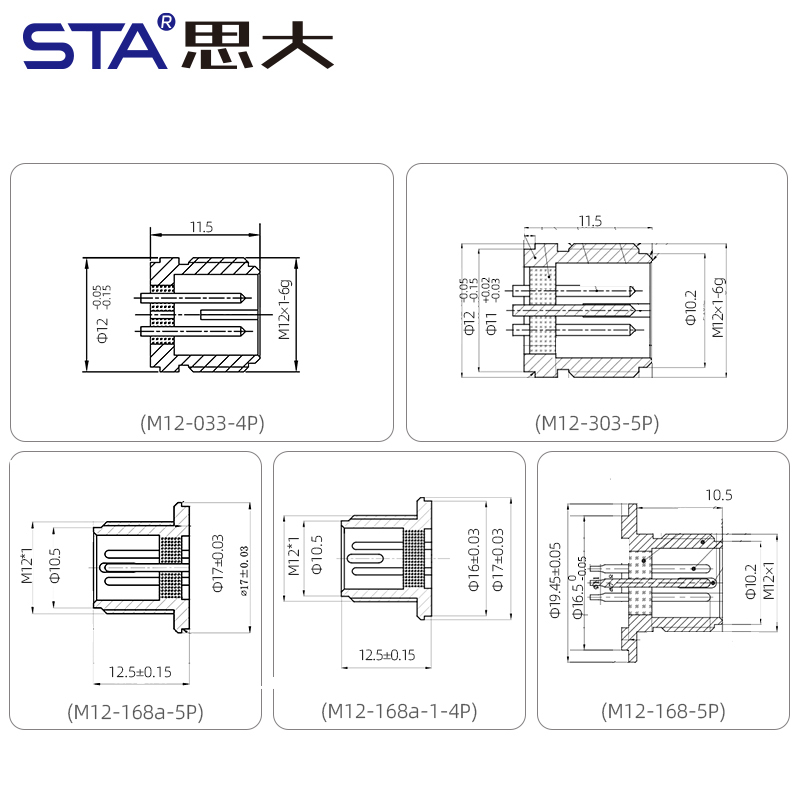 M12 Glass sintered sealed sensor connector 316L, 4/5 contacts