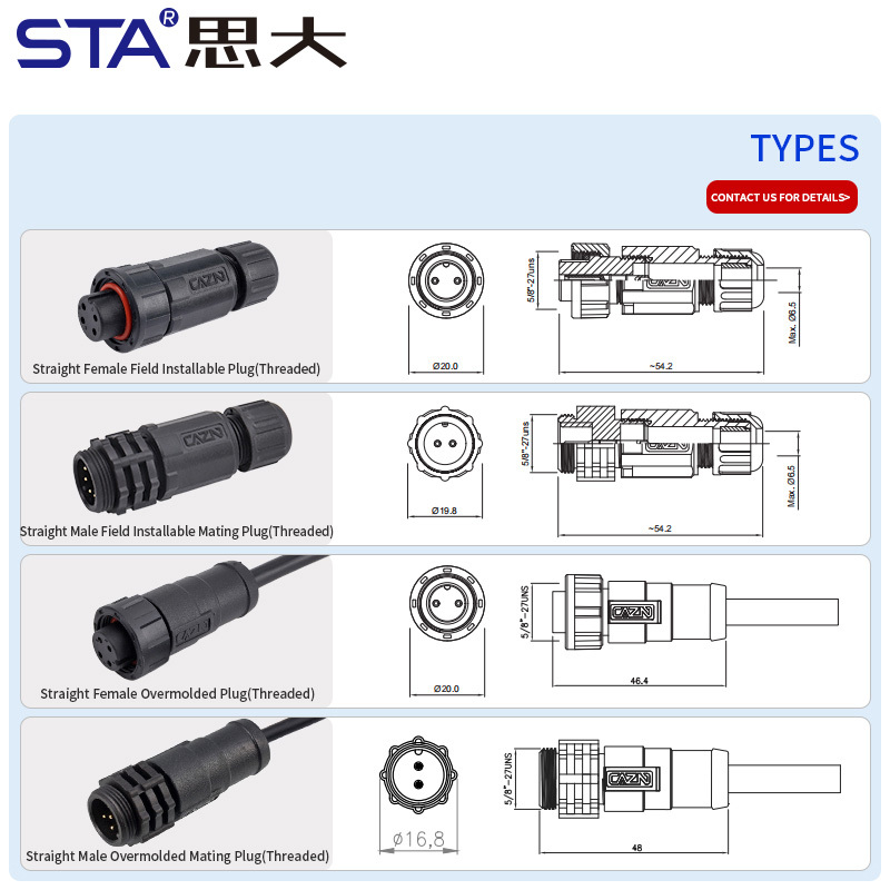 E10 5/8"-27UNS Screw Threaded IP67/IP68 Field Installable/Overmolded plug Waterproof Connector