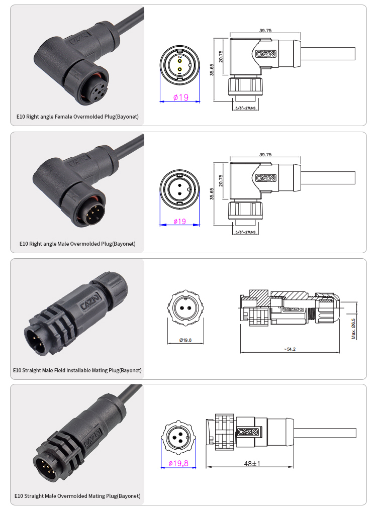 E10 5/8"-27UNS Bayonet IP67 Field Installable Overmolded Plug Waterproof Connector