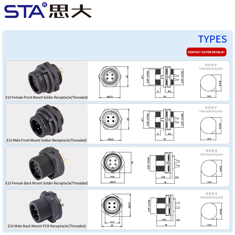 E10 5/8"-27UNS Screw Threaded Panel Mount Socket Waterproof Connector IP67