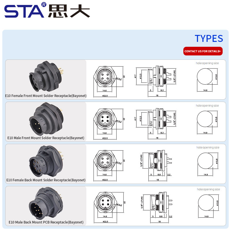 E10 5/8"-27UNS Screw Bayonet Panel Mount Receptacle Waterproof Connector IP67