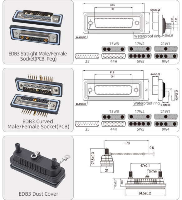 EDB25 44Pin IP67 waterproof D-SUB Socket connector