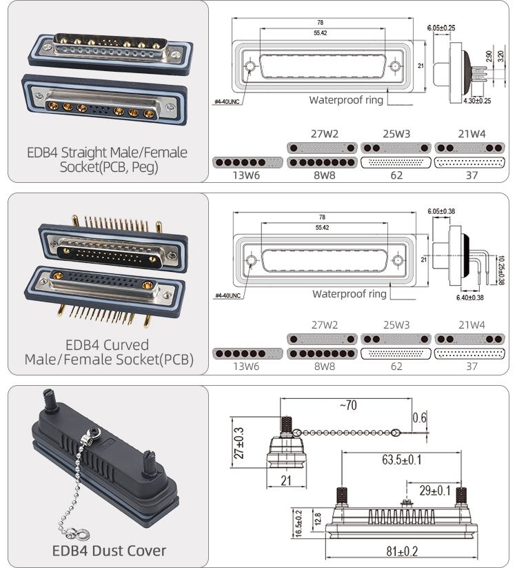 EDB37 62pin Signal Receptacle IP67 Waterproof Connector