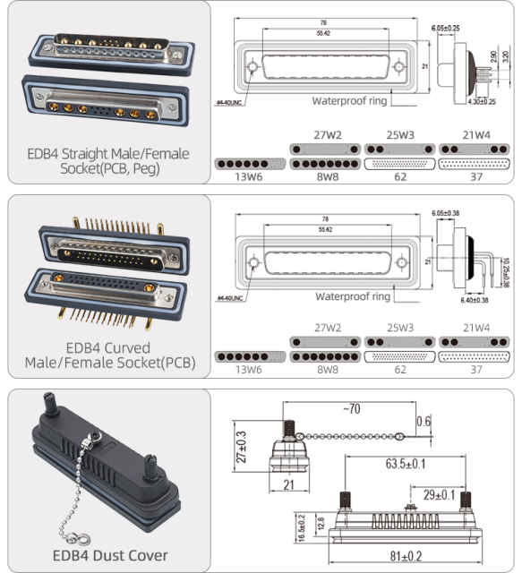EDB37 62pin Signal Receptacle IP67 Waterproof Connector