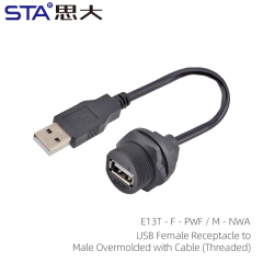 USB Female Receptacle to Male Overmolded Cable (Threaded)