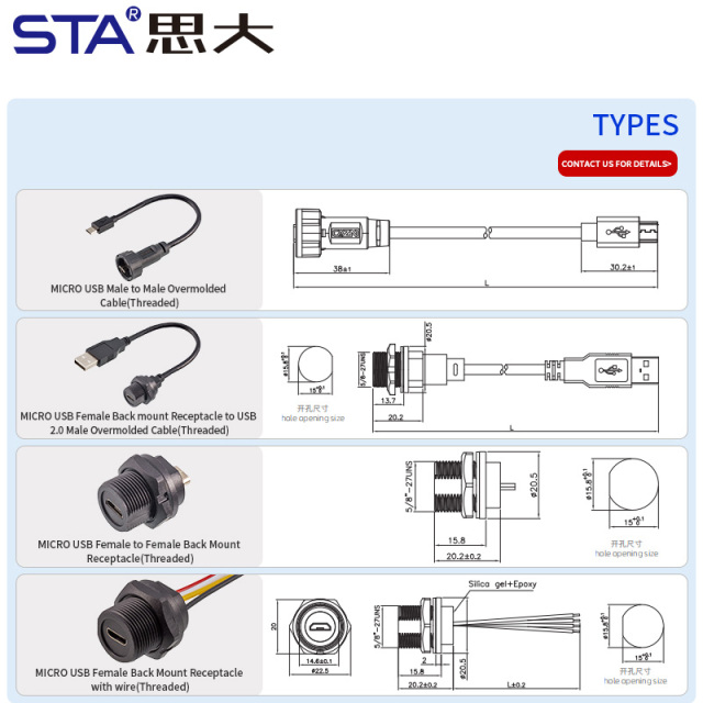 Micro USB Waterproof Overmolded Connector IP67/IP68