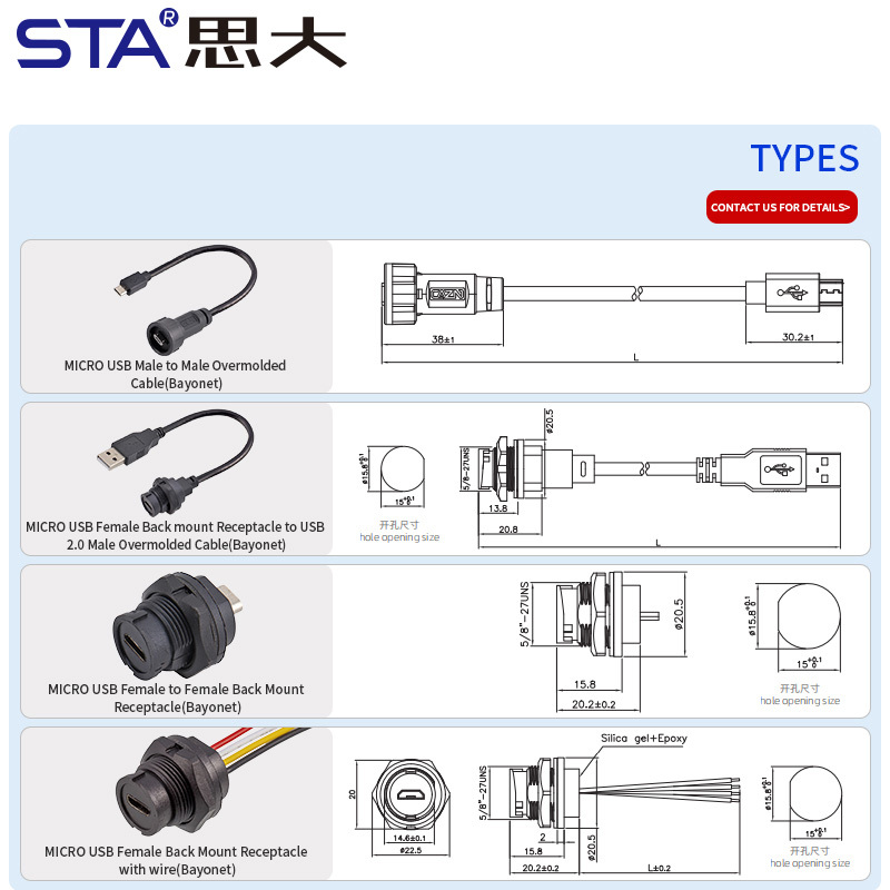 Micro USB Waterproof Overmolded Cable IP67/IP68 Bayonet