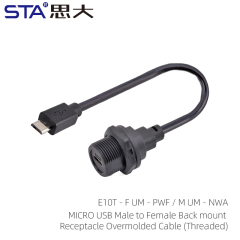 Micro USB Female Back Mount Receptacle to Male Overmolded Cable (Threaded)