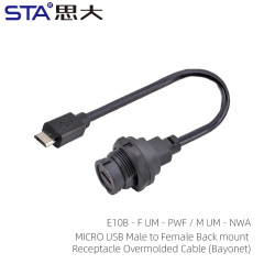Micro USB Female Back Mount Receptacle to Male Overmolded Cable (Bayonet)