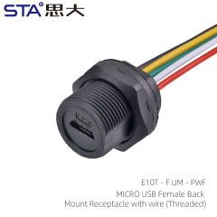 Micro USB Female Back Mount Receptacle with Wire (Threaded)