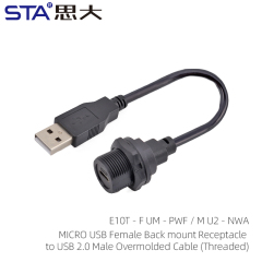 Micro USB Female Back Mount Receptacle to USB 2.0 Male Overmolded Cable (Threaded)