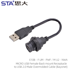 Micro USB Female Back Mount Receptacle to USB 2.0 Male Overmolded Cable (Bayonet)