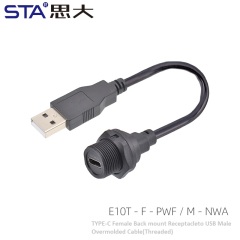 TYPE-C Female Back Mount Receptacle To USB 2.0 Male Overmolded Cable(Threaded)