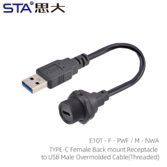 TYPE-C Female Back Mount Receptacle To USB 3.0 Male Overmolded Cable(Threaded)