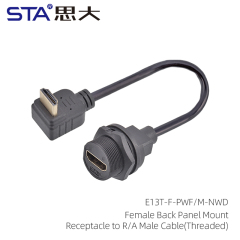 HDMI Female Back Panel Mount Receptacle to Right-Angle Male Cable (Threaded)